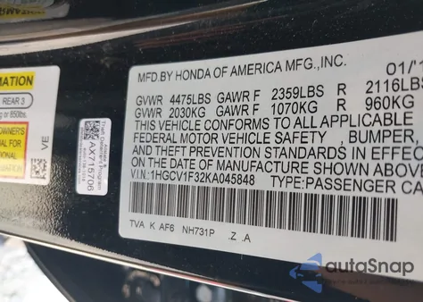2019 Honda Accord Sport from USA, damaged, VIN 1HGCV1F32KA045848